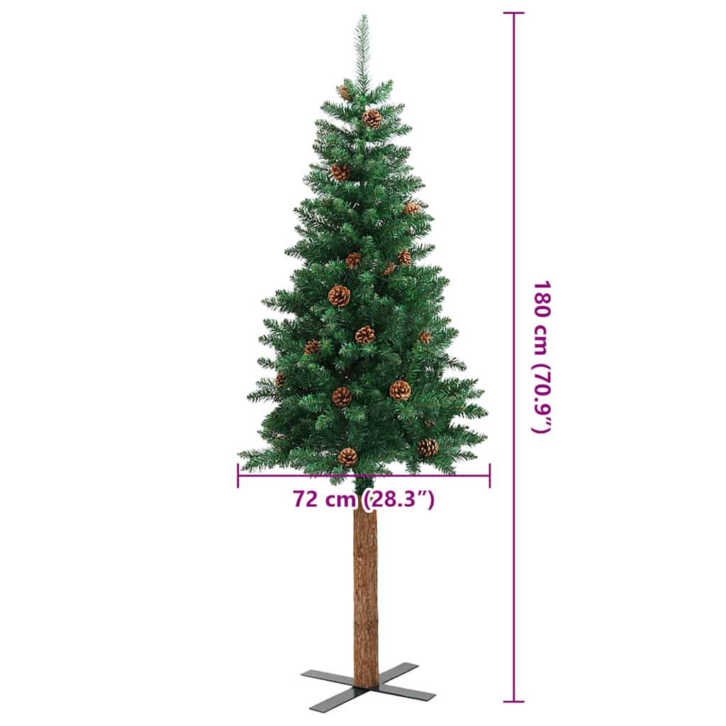 Tanko božićno drvce s pravim drvom i šiškama zeleno 180 cm PVC