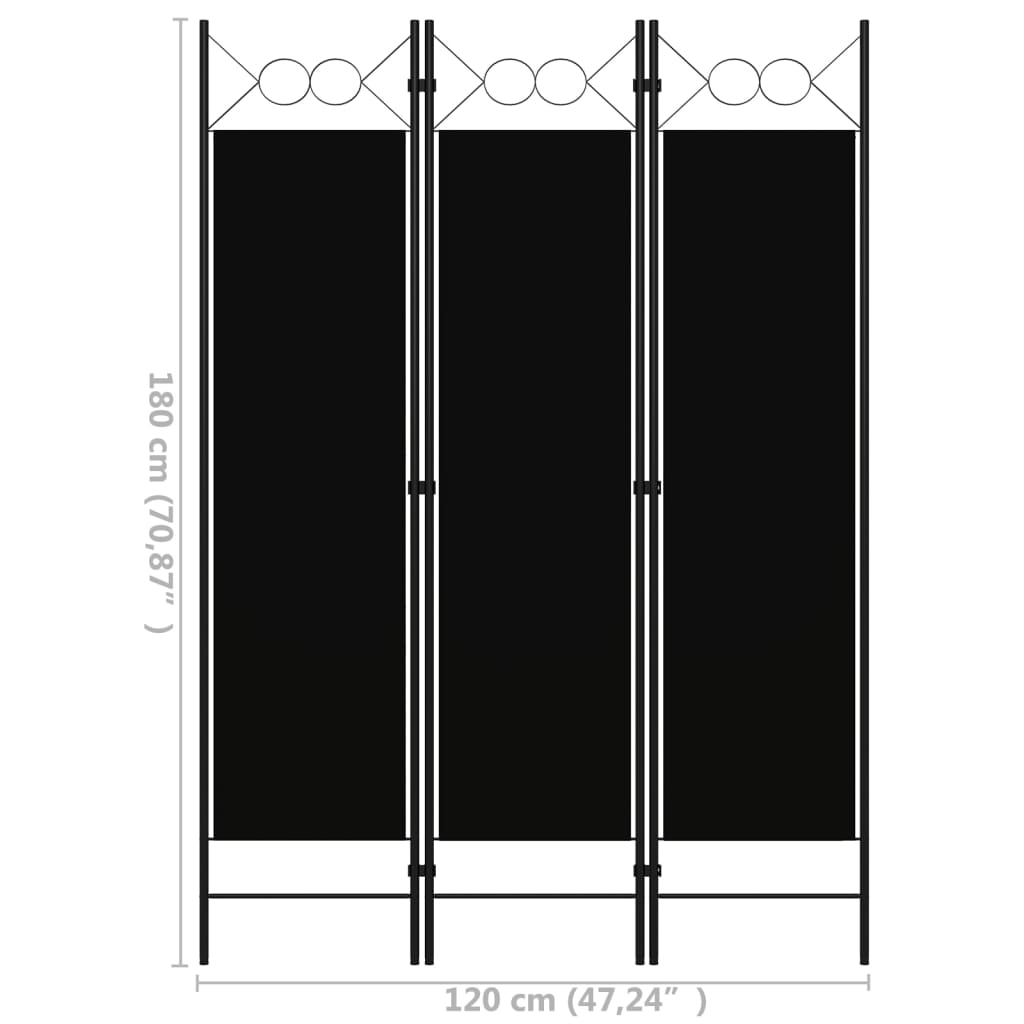 Sobna pregrada s 3 panela crna 120 x 180 cm