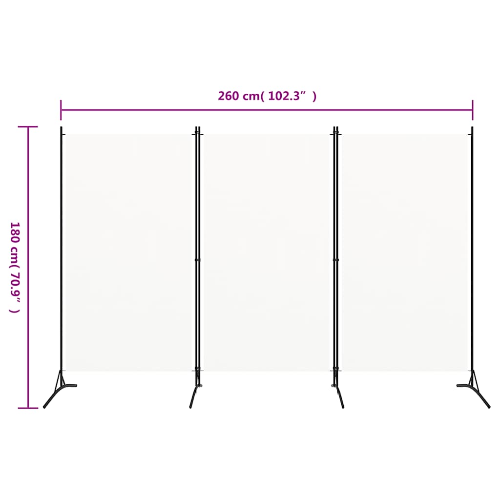 Sobna pregrada s 3 panela bijela 260 x 180 cm od tkanine