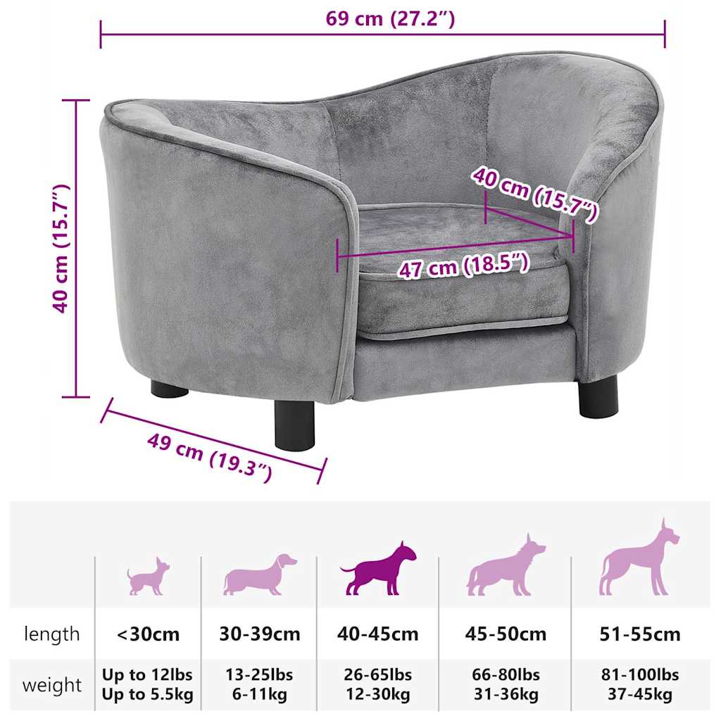 Sofa za pse siva 69 x 49 x 40 cm plišana