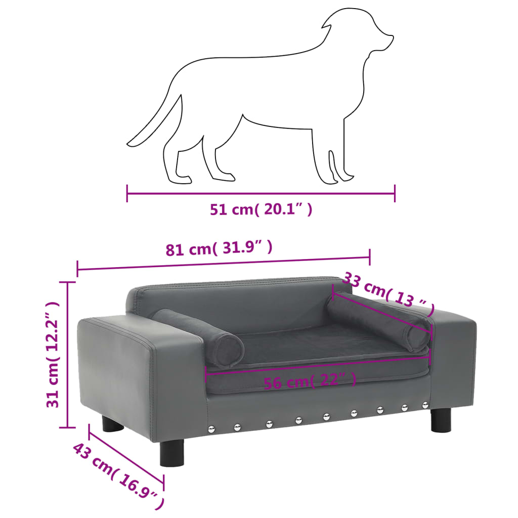 Sofa za pse siva 81 x 43 x 31 cm od pliša i umjetne kože