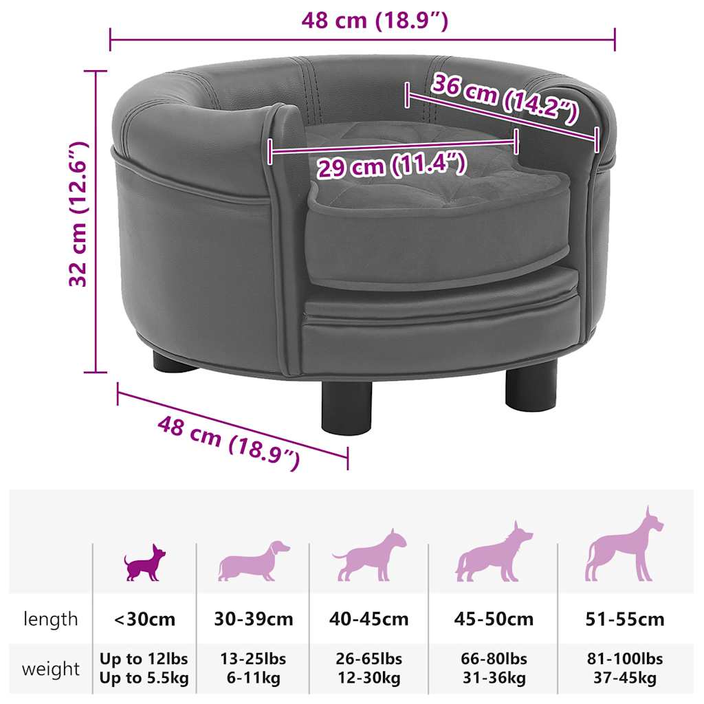 Sofa za pse siva 48 x 48 x 32 cm od pliša i umjetne kože