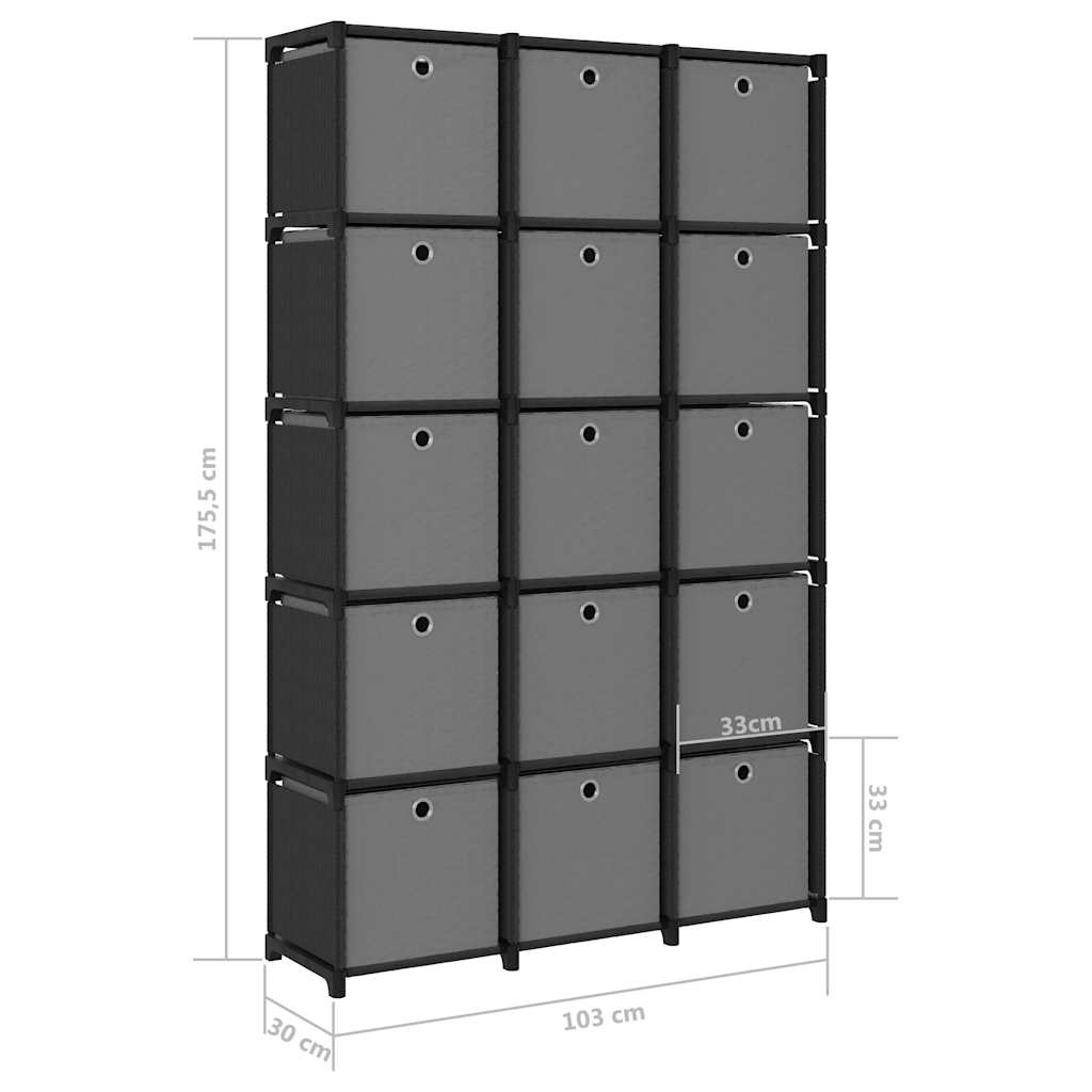Police za izlaganje s 15 kutija crne 103x30x175,5 cm od tkanine