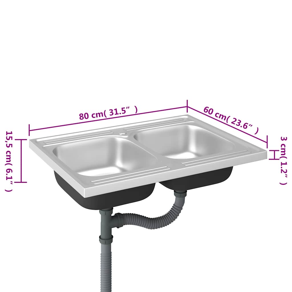 Kuhinjski sudoper s dva korita srebrni 800x600x155 mm čelični