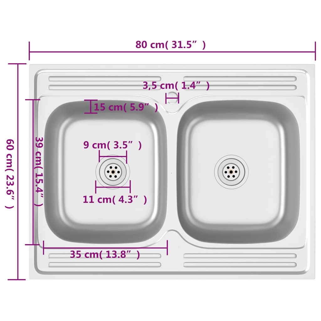 Kuhinjski sudoper s dva korita srebrni 800x600x155 mm čelični