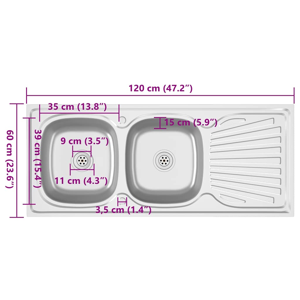 Kuhinjski sudoper s dva korita srebrni 1200x600x155 mm čelični