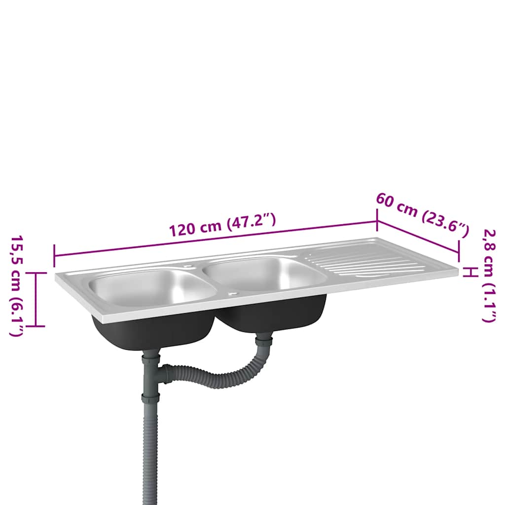 Kuhinjski sudoper s dva korita srebrni 1200x600x155 mm čelični