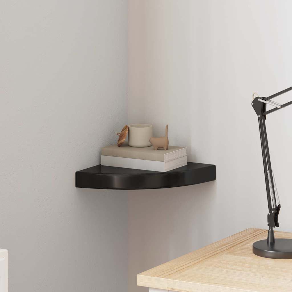 Plutajuća kutna polica visoki sjaj crna 25 x 25 x 3,8 cm MDF