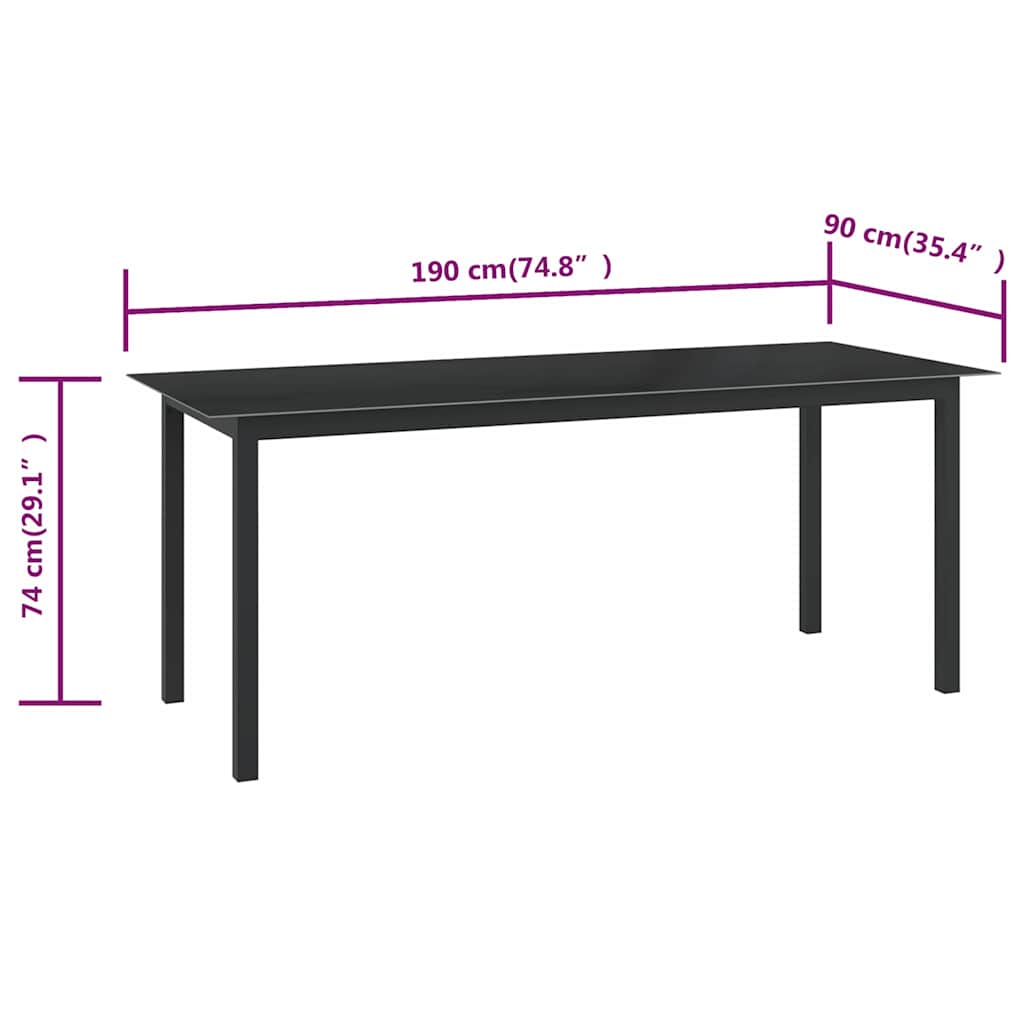 Vrtni stol crni 190 x 90 x 74 cm od aluminija i stakla