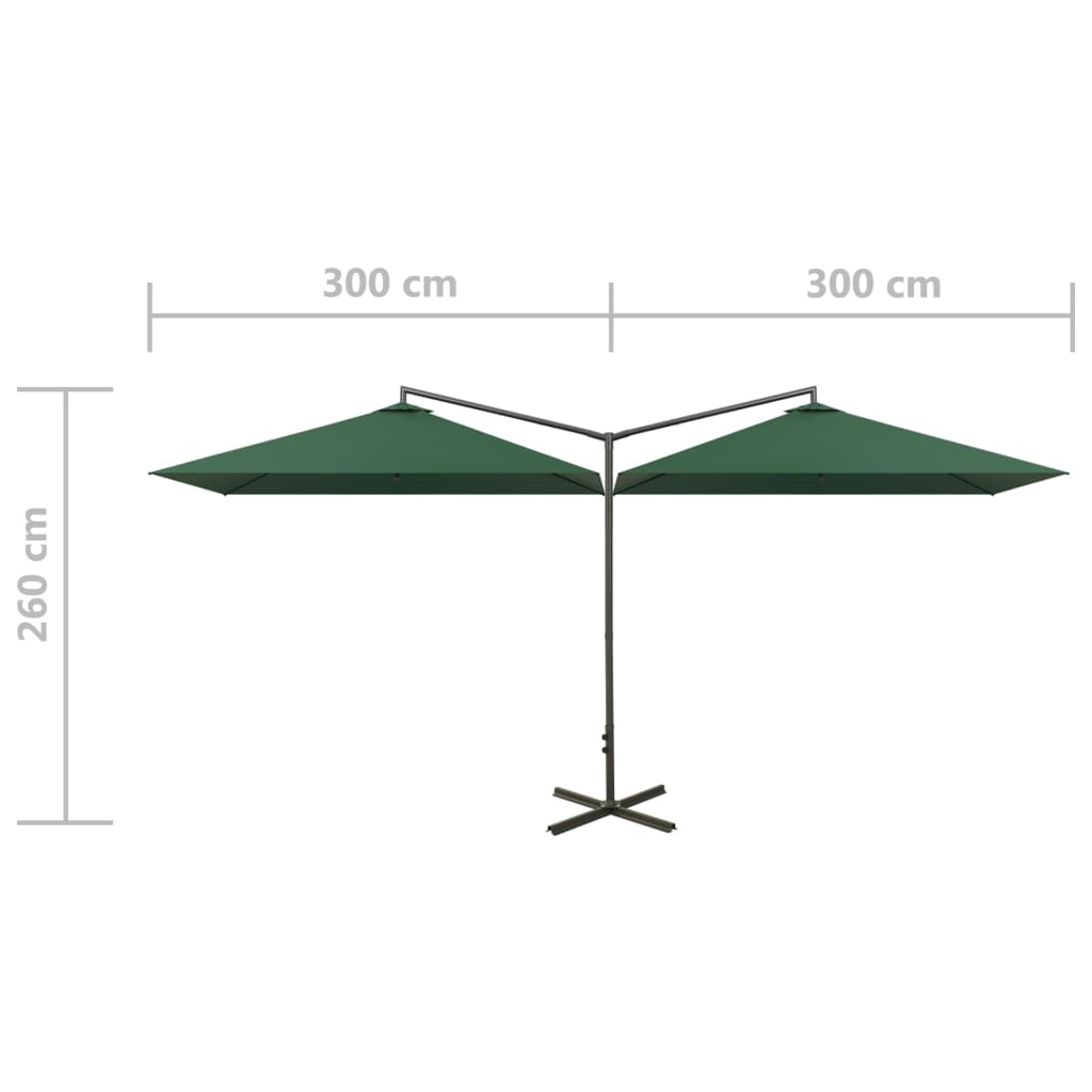 Dvostruki vrtni suncobran s čeličnim stupom zeleni 600 x 300 cm