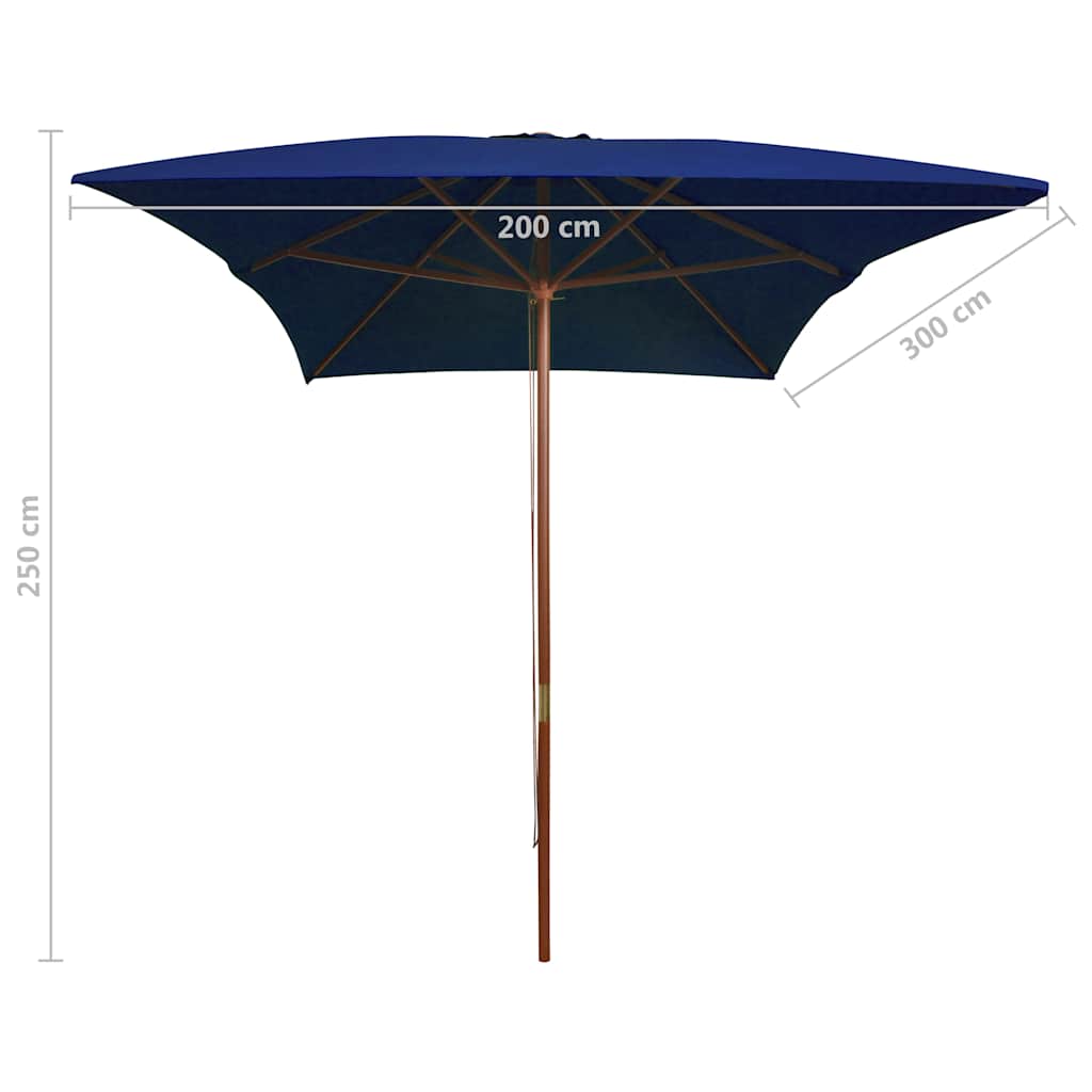 Vrtni suncobran s drvenim stupom 200 x 300 cm plavi