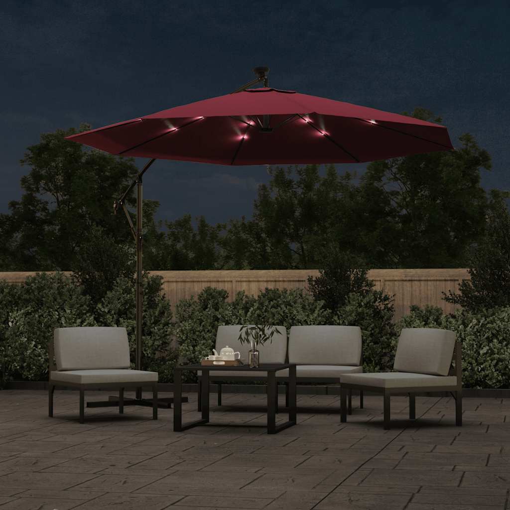 Konzolni vrtni suncobran LED s čeličnim stupom crvena boja vina