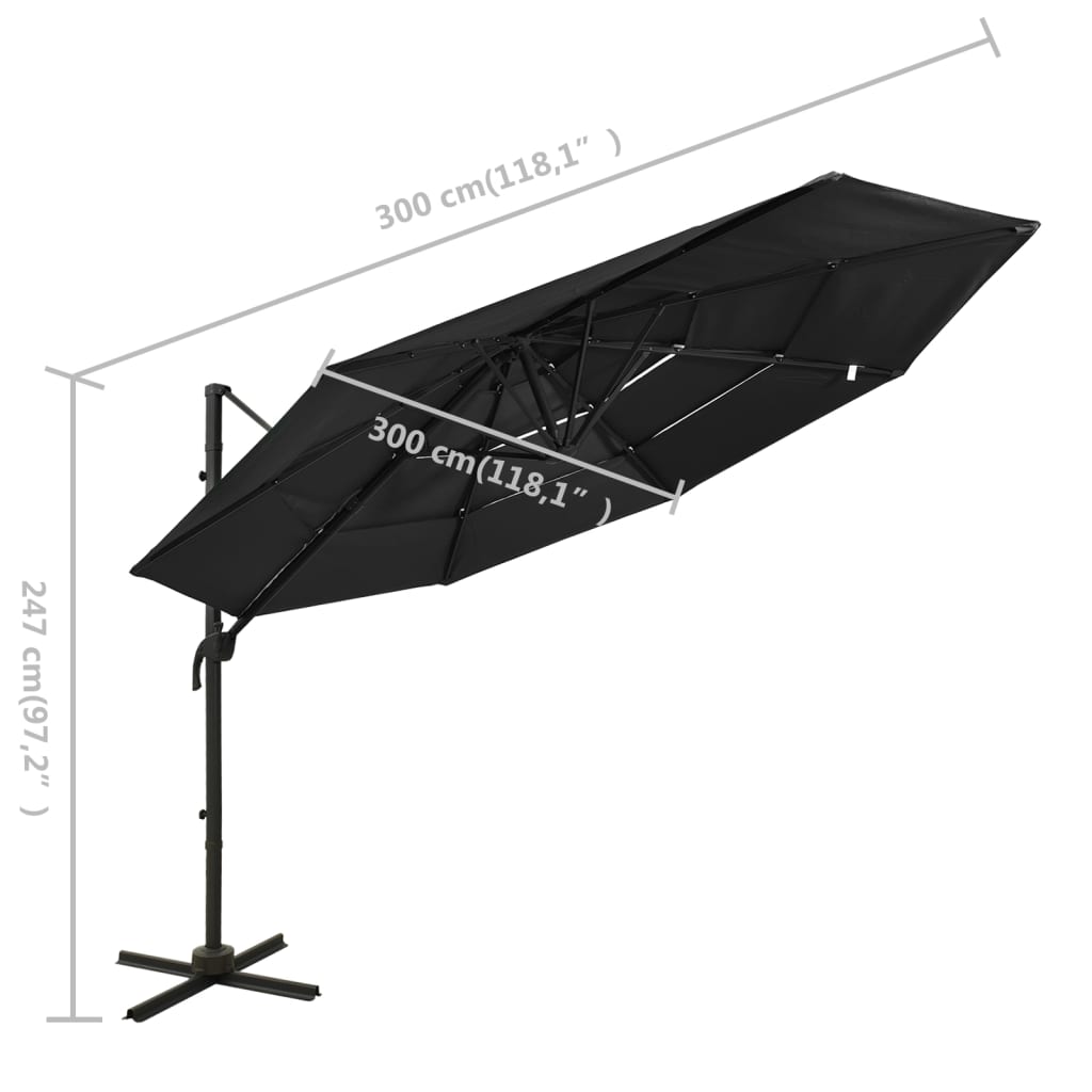 Vrtni suncobran s 4 razine i aluminijskim stupom 3 x 3 m crni