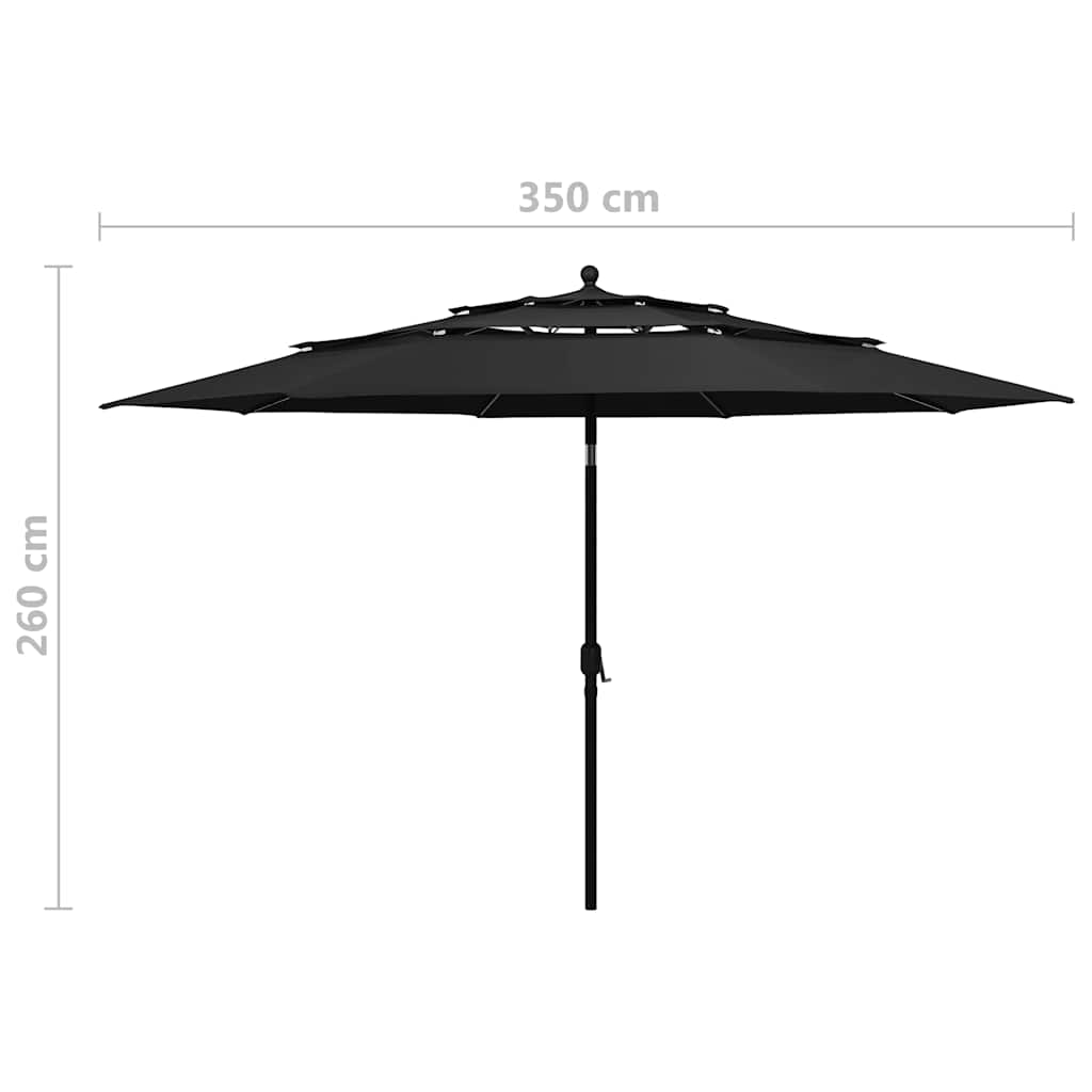Vrtni suncobran s 3 razine i aluminijskim stupom 3,5 m crni