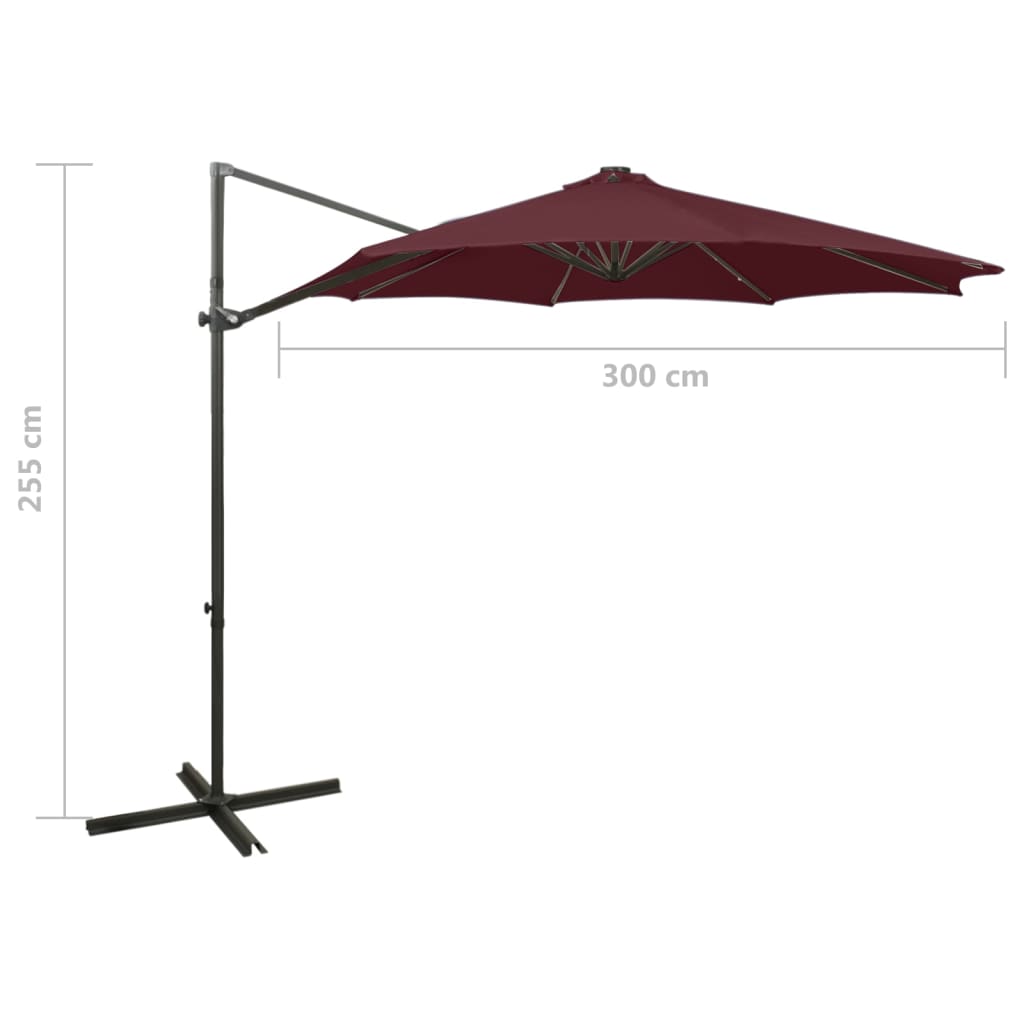 Konzolni vrtni suncobran sa stupom i LED svjetlima 300 cm bordo