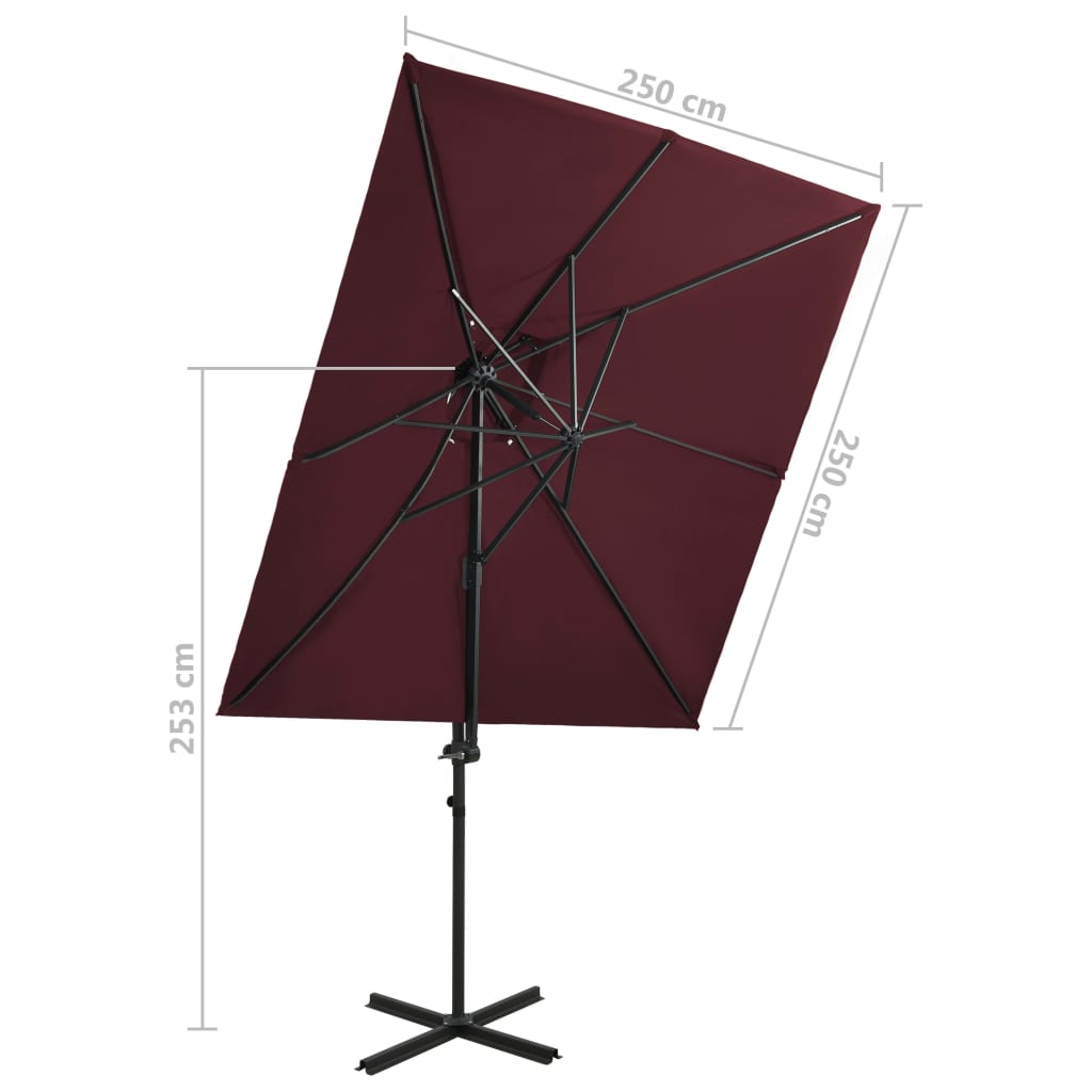 Konzolni vrtni suncobran s dvostrukim vrhom 250 x 250 cm bordo