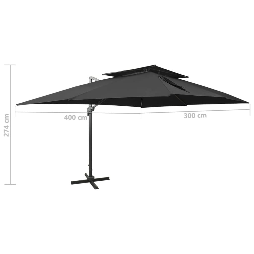 Konzolni vrtni suncobran s dvostrukim krovom crni 400x300 cm