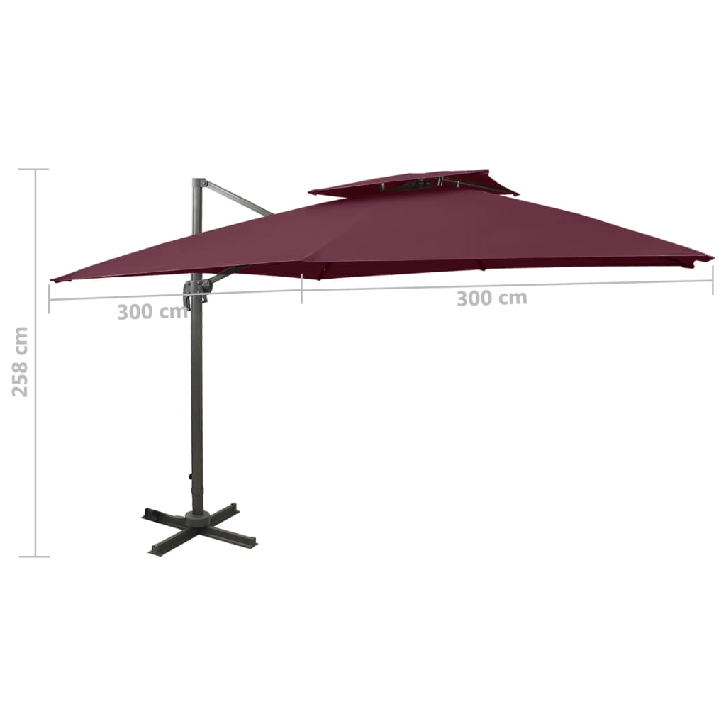 Konzolni vrtni suncobran s dvostrukim vrhom 300 x 300 cm bordo