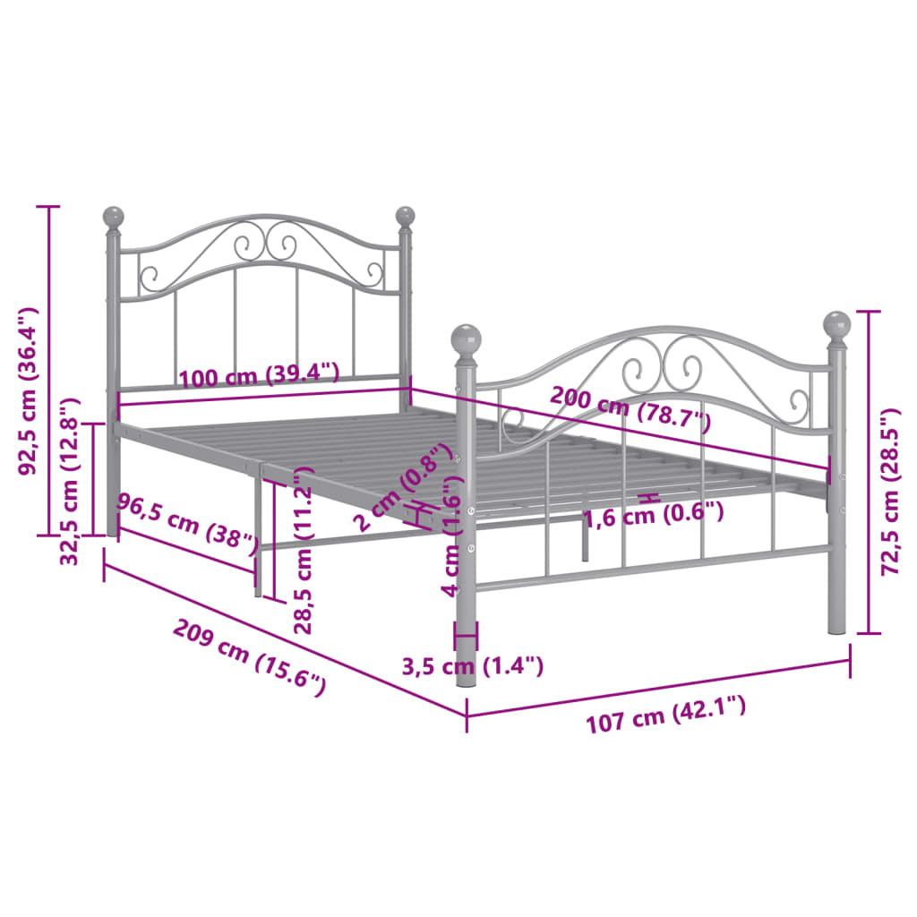 Okvir za krevet sivi metalni 100 x 200 cm