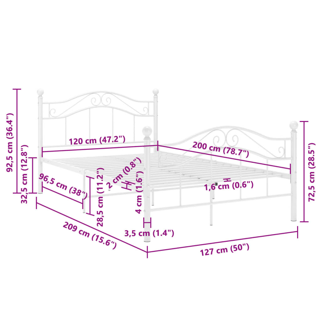 Okvir za krevet bijeli metalni 120 x 200 cm