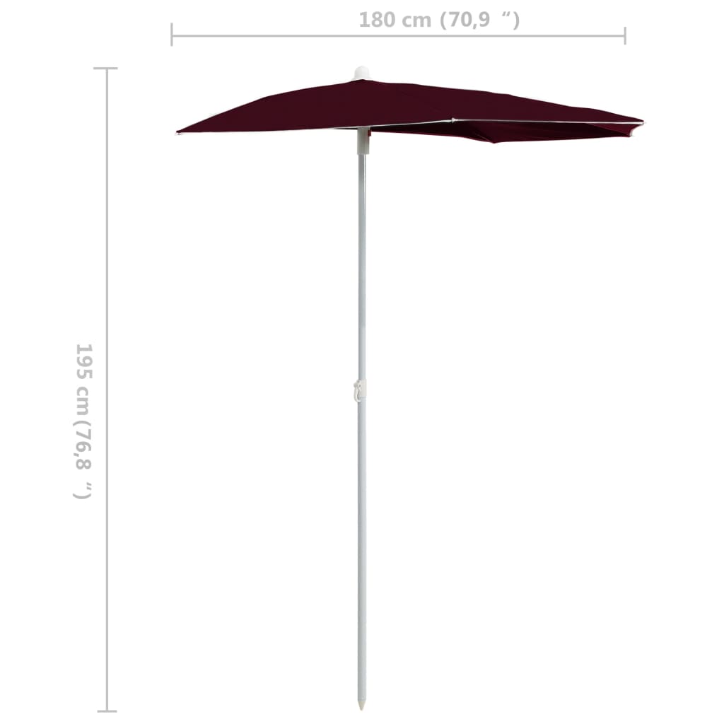 Vrtni polukružni suncobran sa stupom 180 x 90 cm bordo