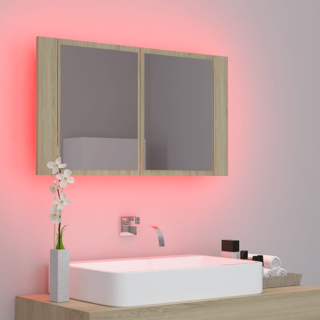 LED kupaonski ormarić s ogledalom boja hrasta 80x12x45 akrilni