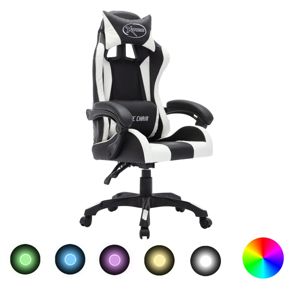 Igraća stolica s RGB LED svjetlima bijelo-crna od umjetne kože