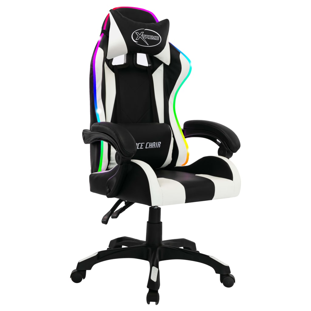 Igraća stolica s RGB LED svjetlima bijelo-crna od umjetne kože