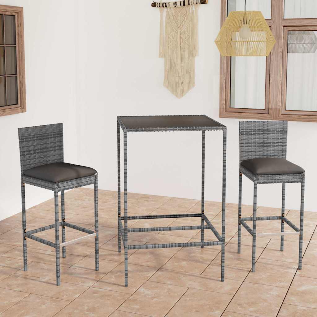 3-dijelni vrtni barski set od poliratana s jastucima sivi Siva 70 cm table length