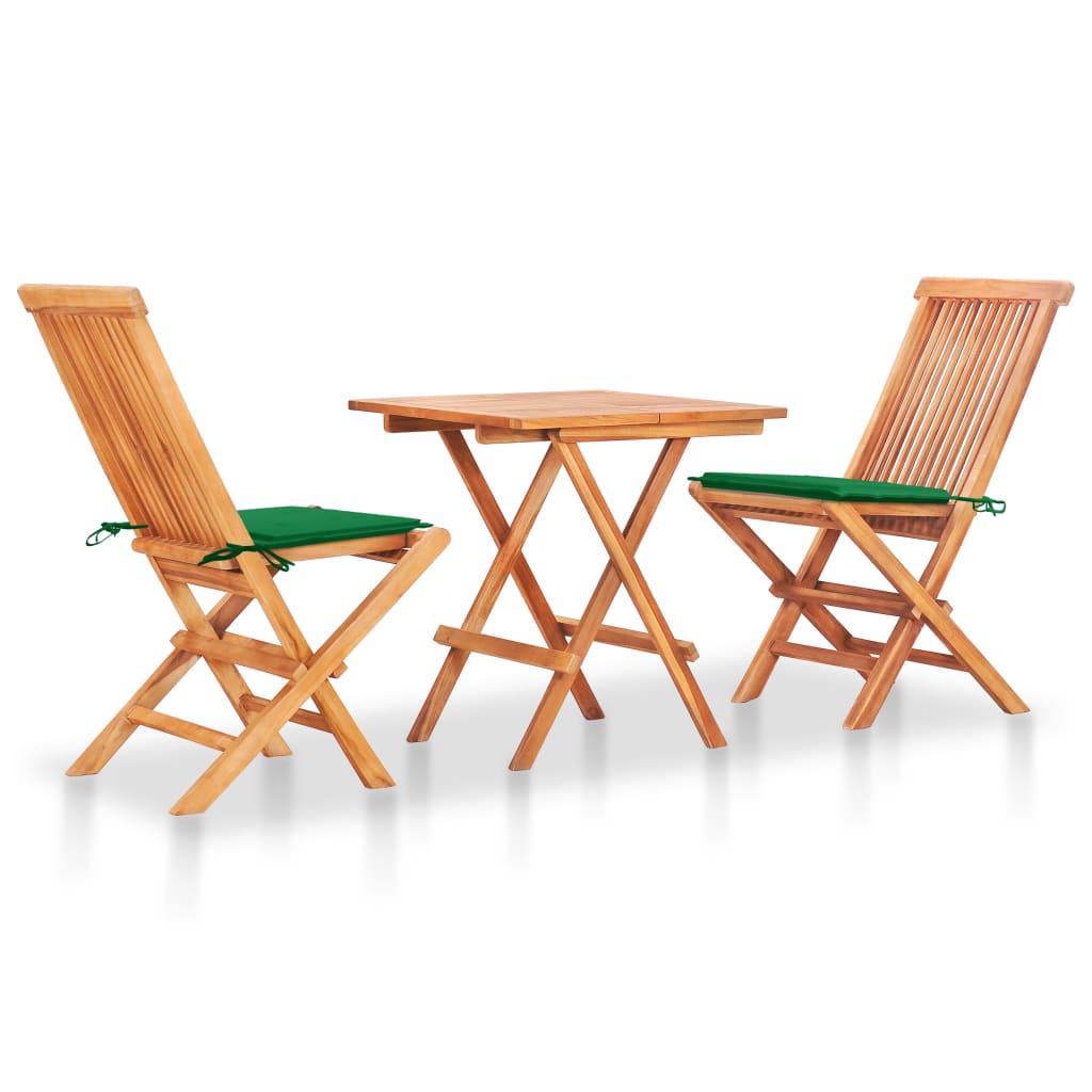 3-dijelni bistro set sa zelenim jastucima od masivne tikovine