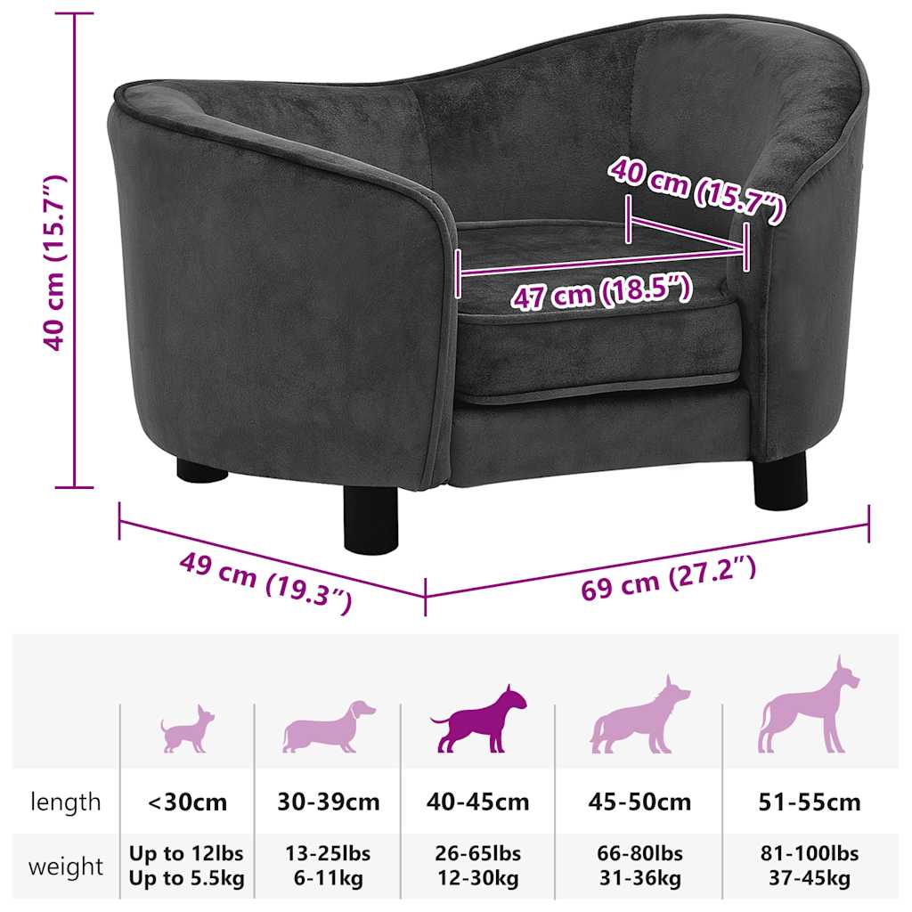 Sofa za pse tamnosiva 69 x 49 x 40 cm plišana