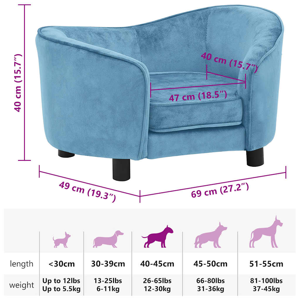 Sofa za pse tirkizna 69 x 49 x 40 cm plišana