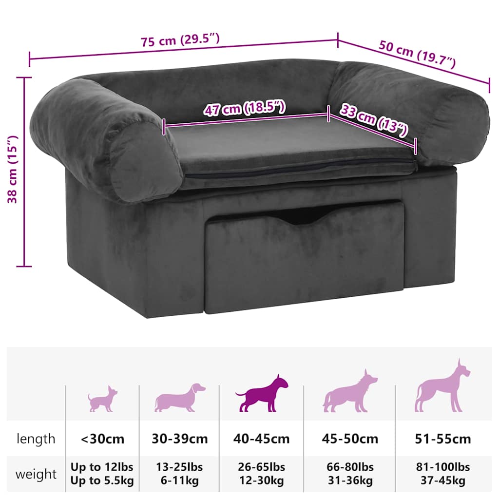 Sofa za pse s ladicom tamnosiva 75 x 50 x 38 cm plišana