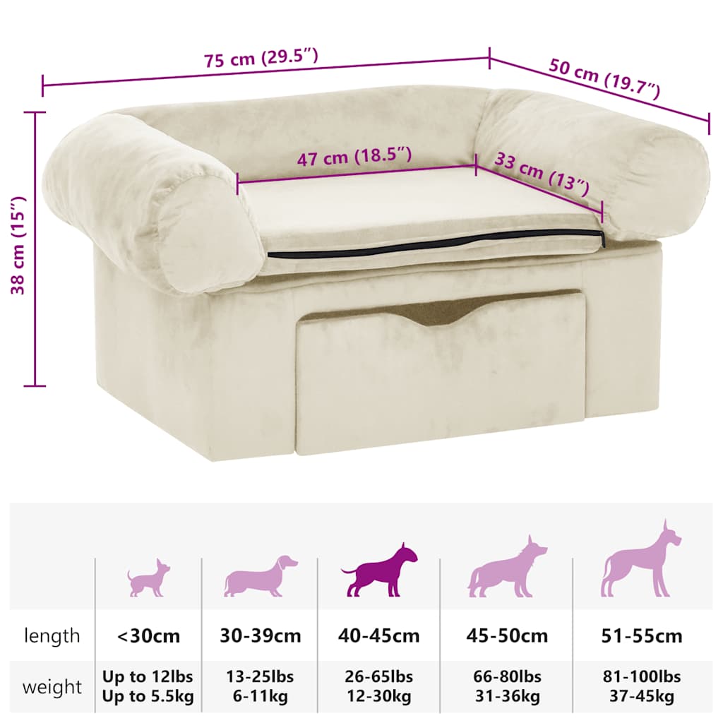 Sofa za pse s ladicom krem 75 x 50 x 38 cm plišana