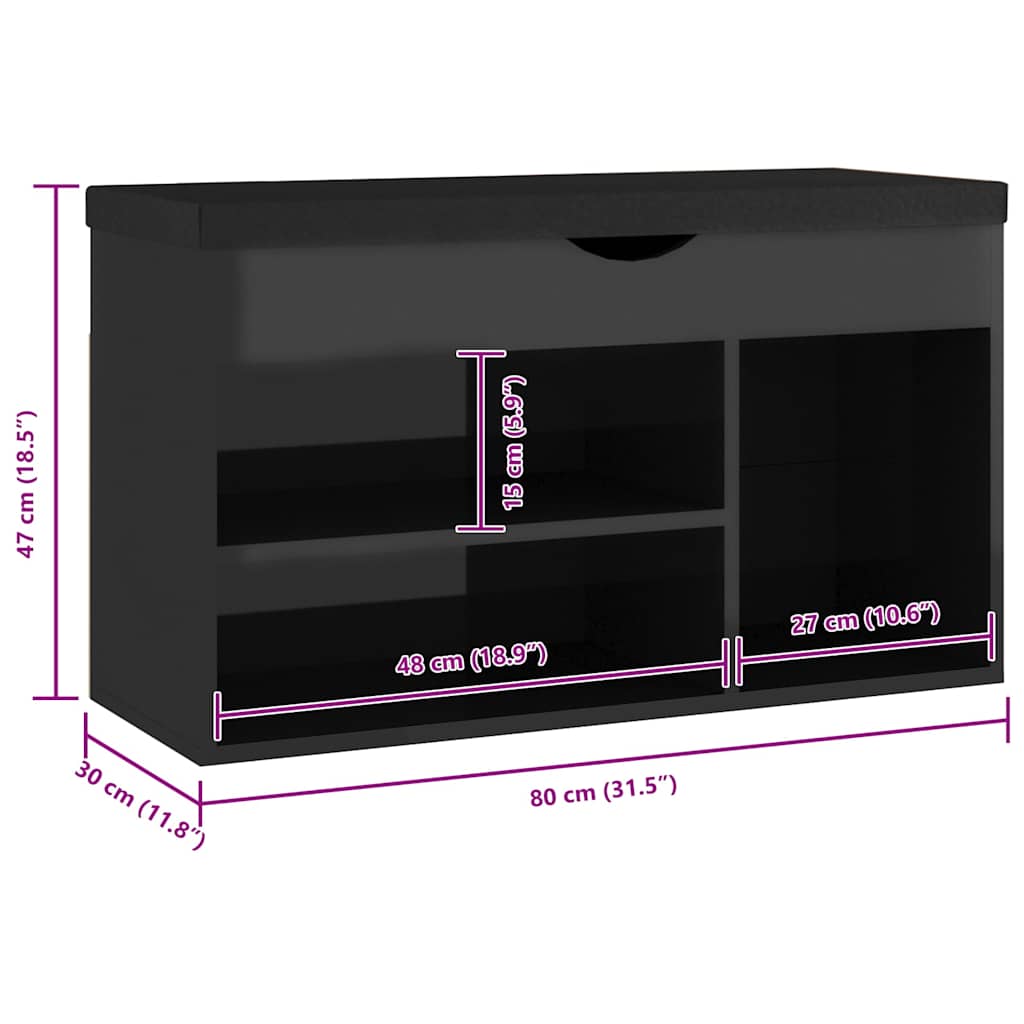 Klupa za cipele s jastukom sjajna crna 80 x 30 x 47 cm drvena