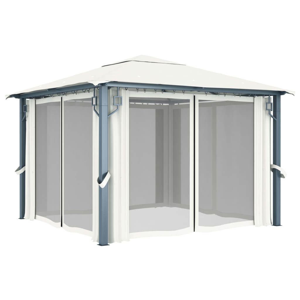 Sjenica sa zastorima i LED svjetlima 300 x 300 cm krem aluminij