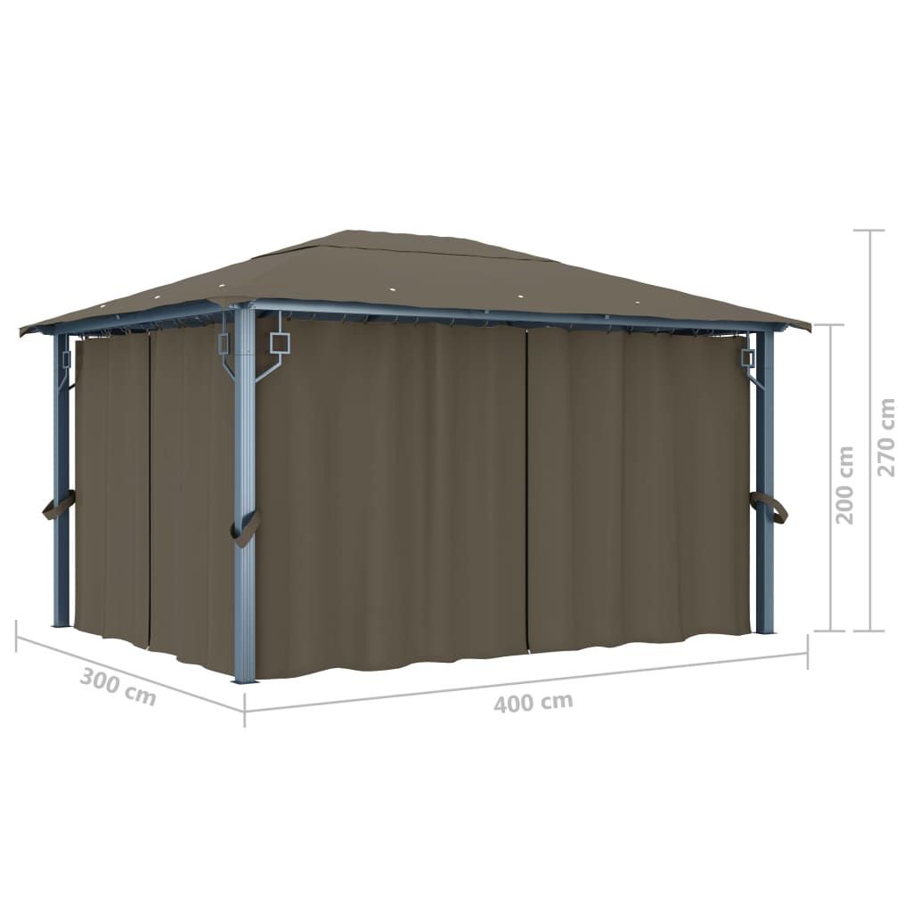 Sjenica sa zastorima i LED svjetlima 400 x 300 cm smeđe-siva