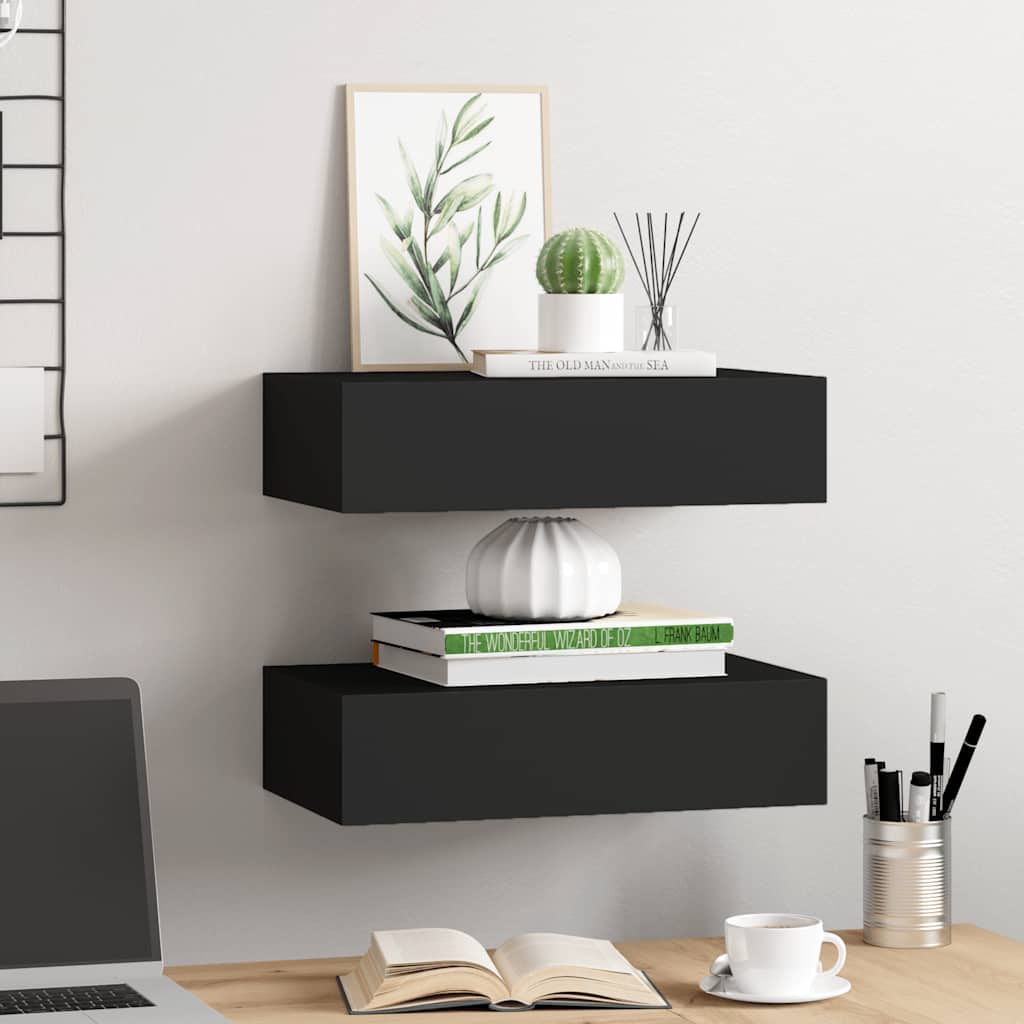 Zidne police s ladicom 2 kom crne 40 x 23,5 x 10 cm MDF