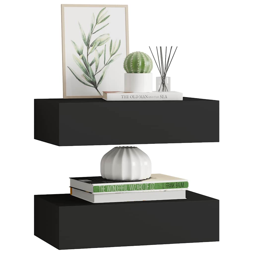 Zidne police s ladicom 2 kom crne 40 x 23,5 x 10 cm MDF