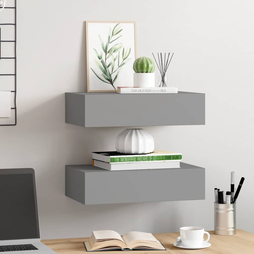 Zidne police s ladicom 2 kom sive 40 x 23,5 x 10 cm MDF