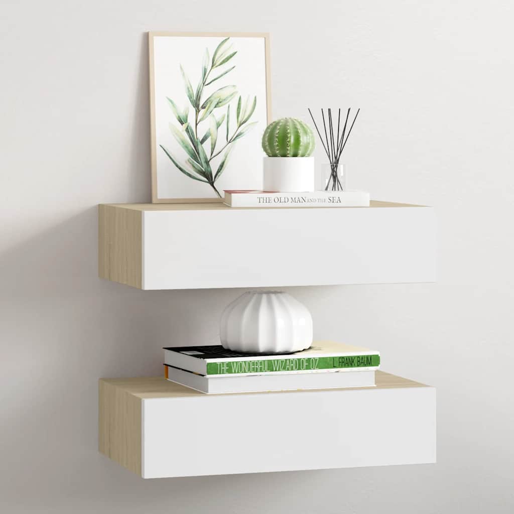 Zidne police s ladicom 2 kom hrast i bijele 40x23,5x10 cm MDF