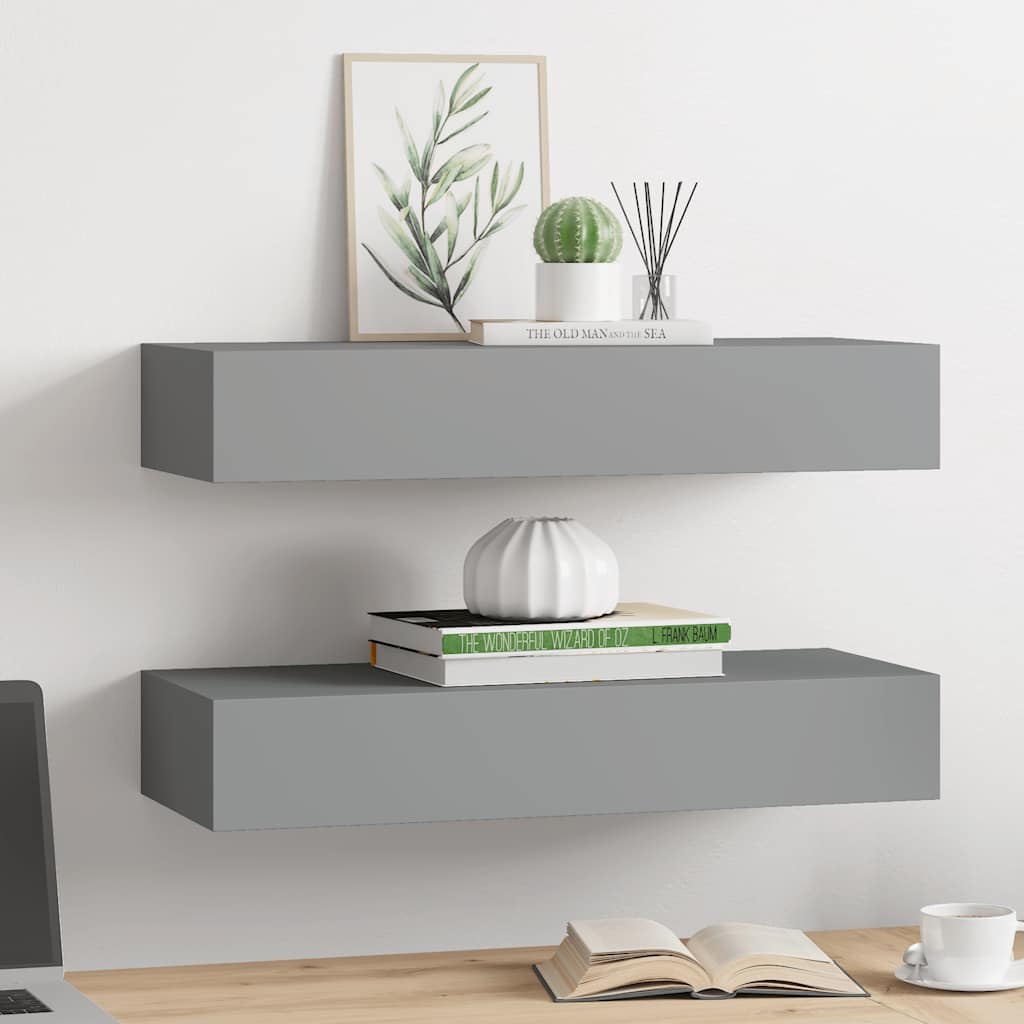 Zidne police s ladicom 2 kom sive 60 x 23,5 x 10 cm MDF