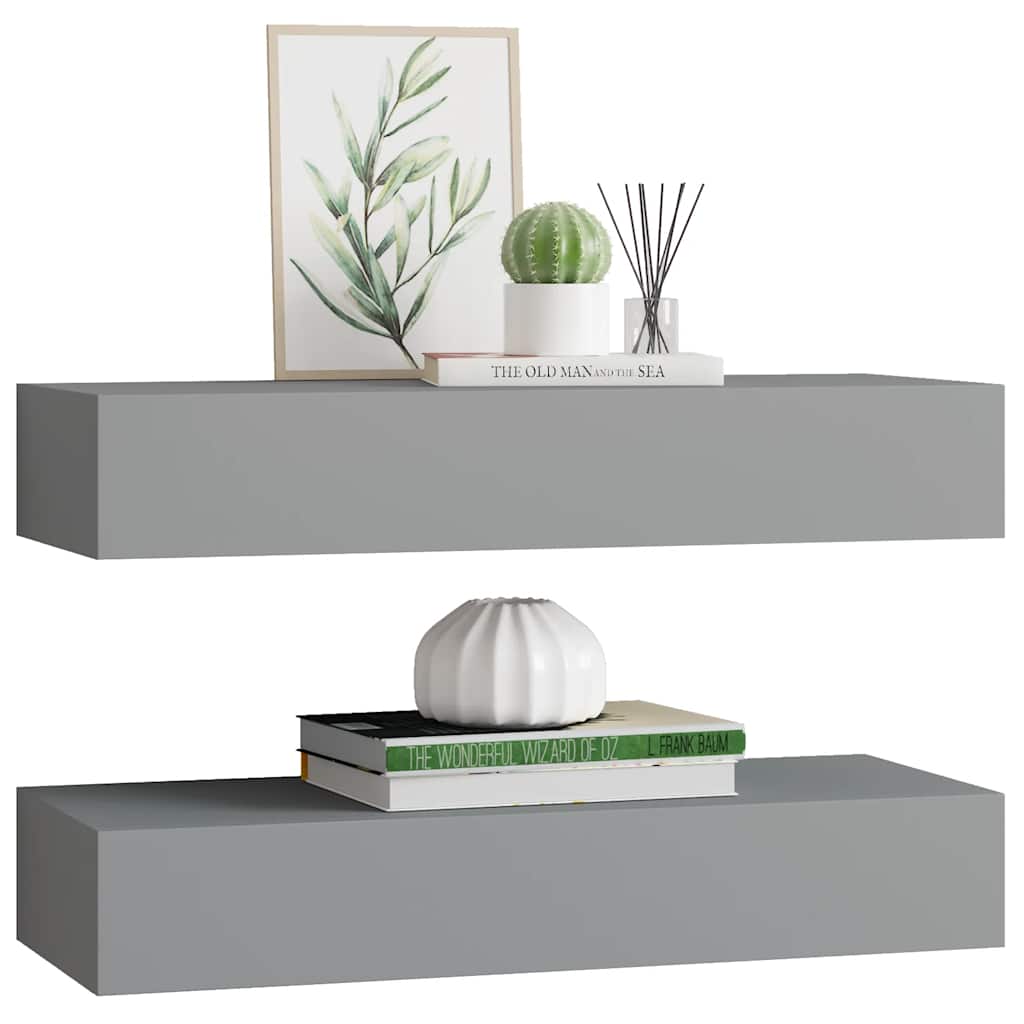 Zidne police s ladicom 2 kom sive 60 x 23,5 x 10 cm MDF