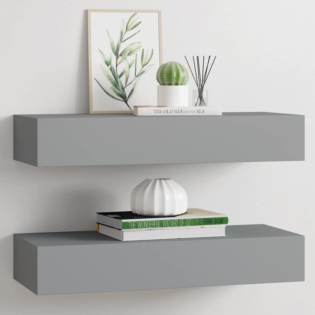 Zidne police s ladicom 2 kom sive 60 x 23,5 x 10 cm MDF