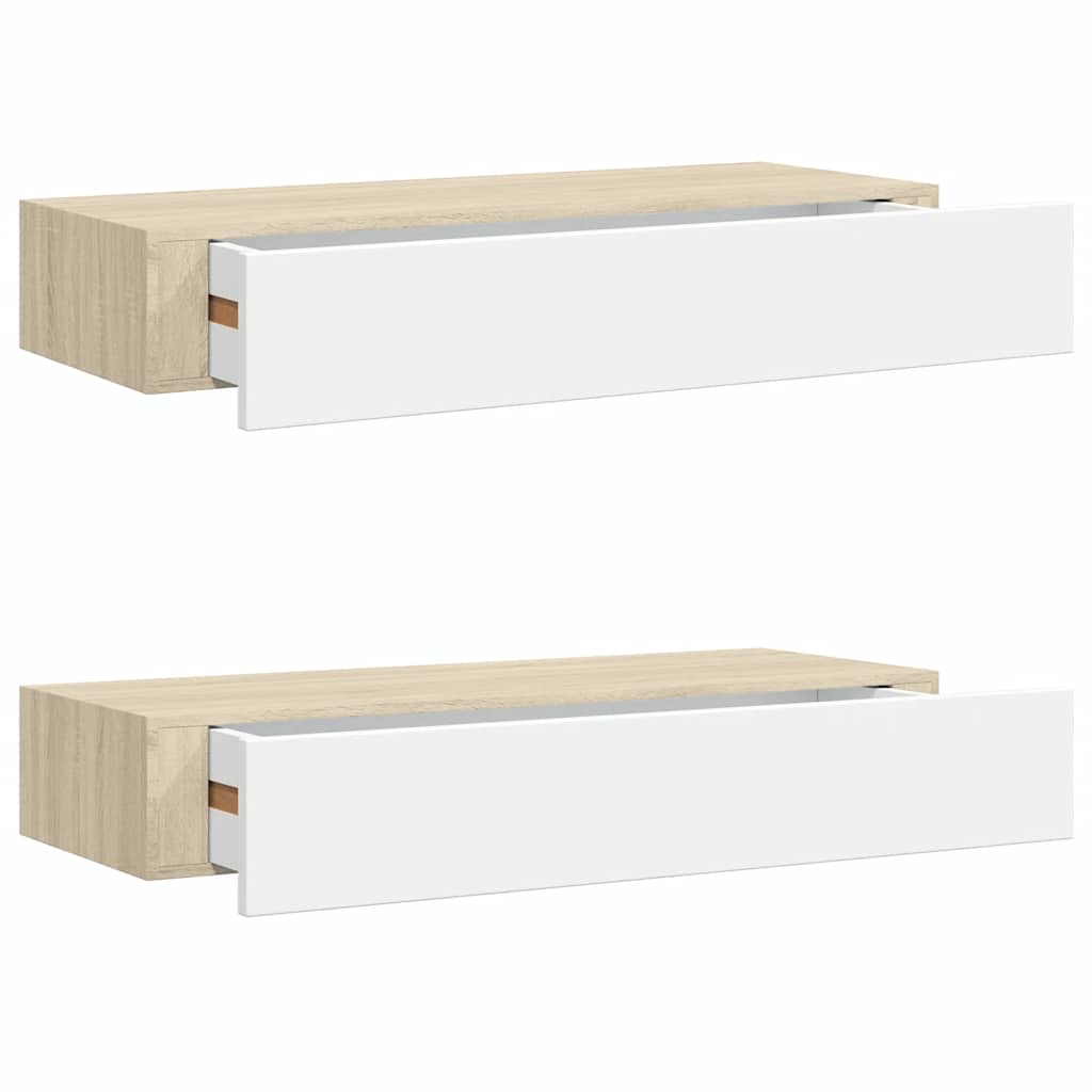 Zidne police s ladicama 2 kom. hrast i bijela 60x23,5x10 cm MDF