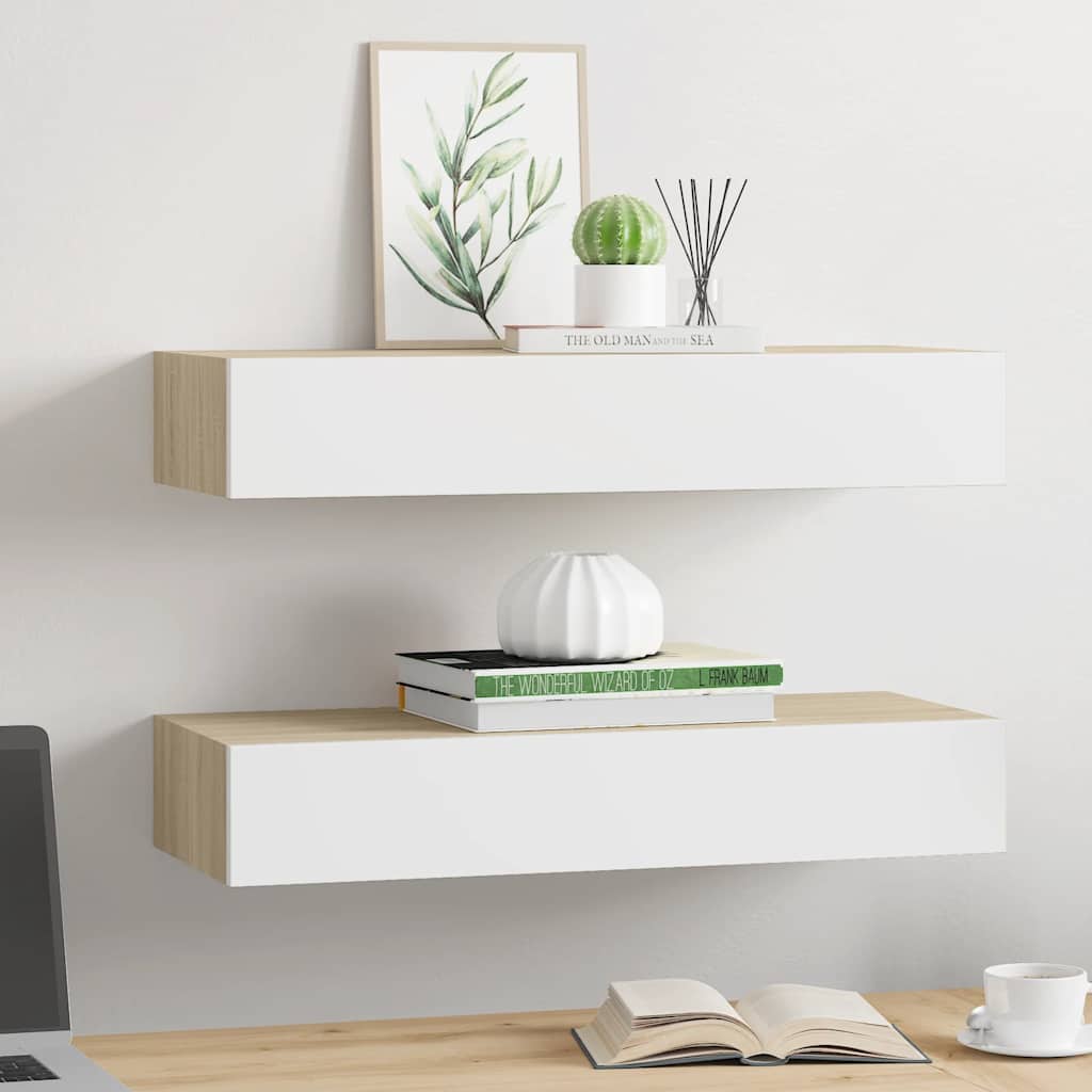 Zidne police s ladicama 2 kom. hrast i bijela 60x23,5x10 cm MDF