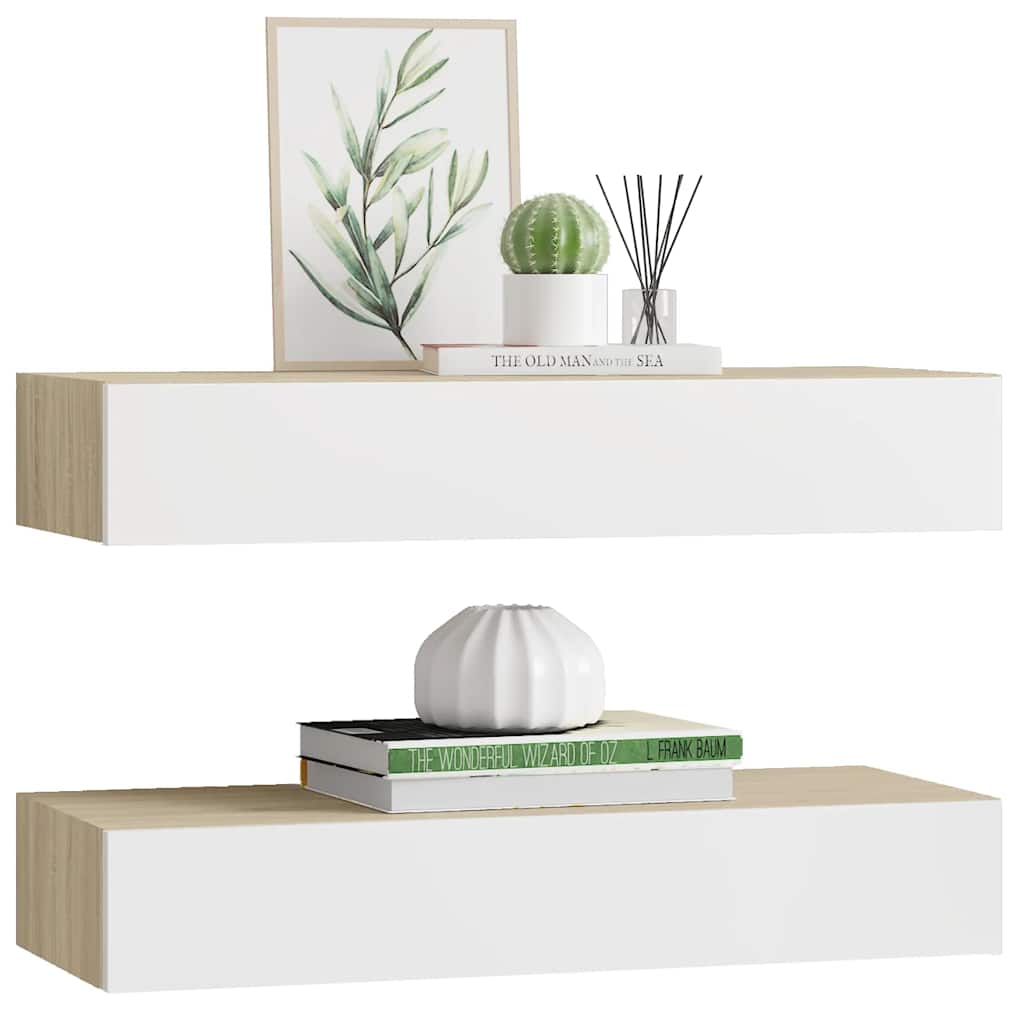 Zidne police s ladicama 2 kom. hrast i bijela 60x23,5x10 cm MDF