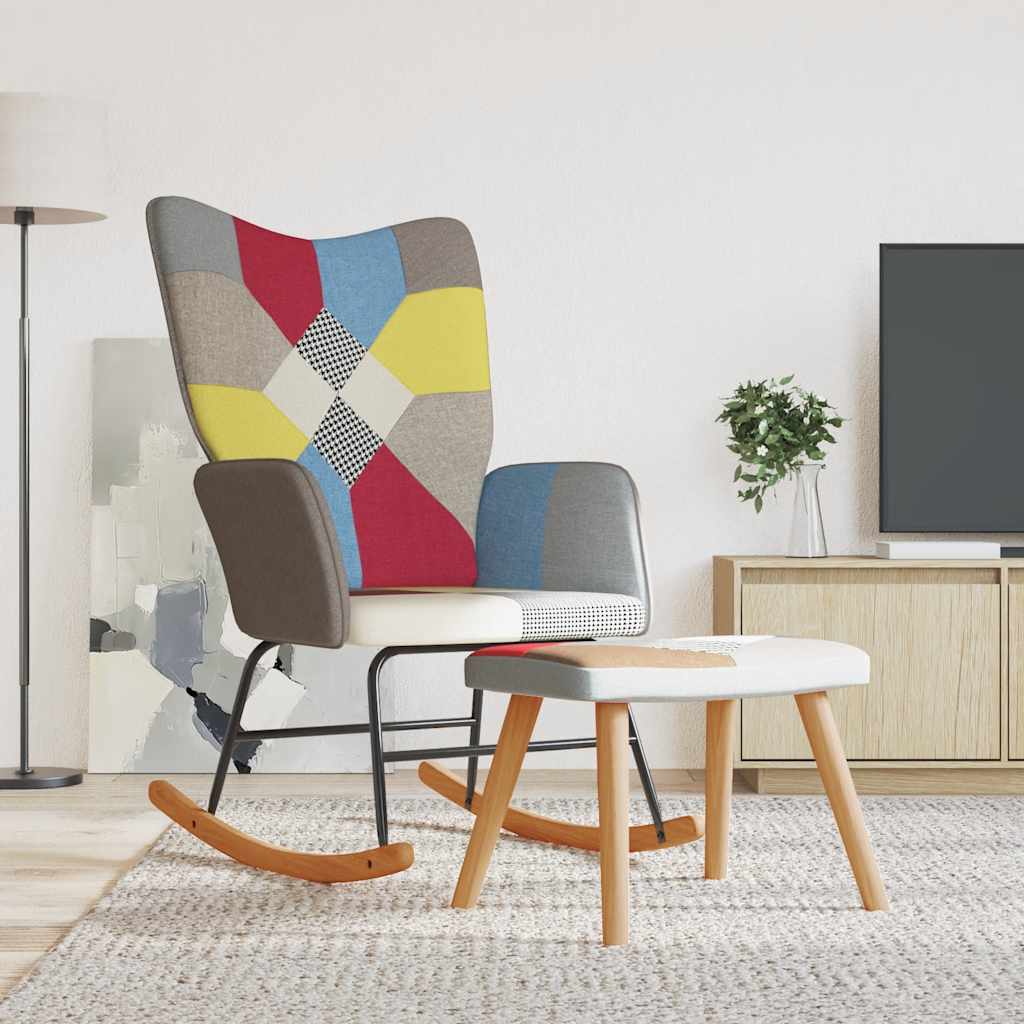 Stolica za ljuljanje s osloncem za noge patchwork od tkanine