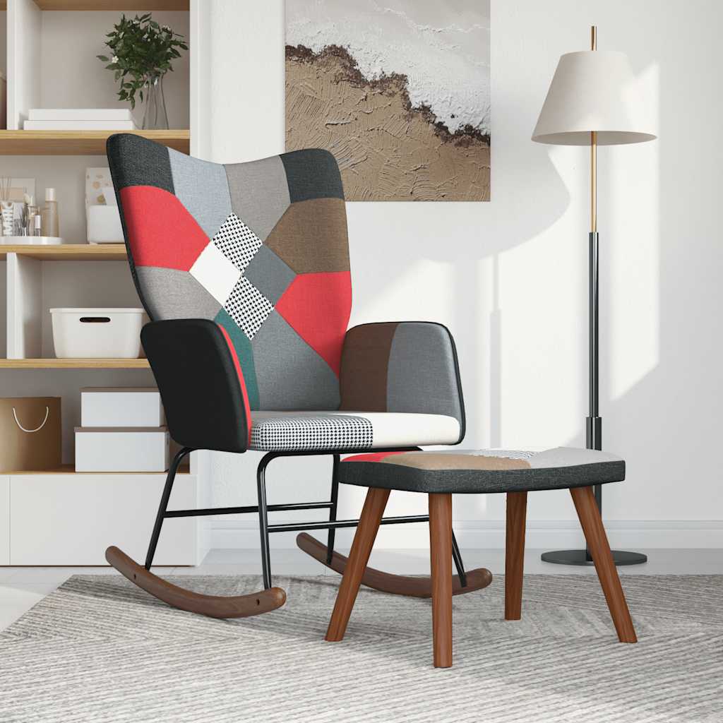 Stolica za ljuljanje s osloncem za noge patchwork od tkanine