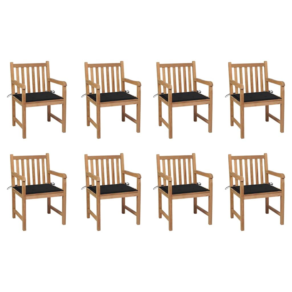 Vrtne stolice s crnim jastucima 8 kom od masivne tikovine
